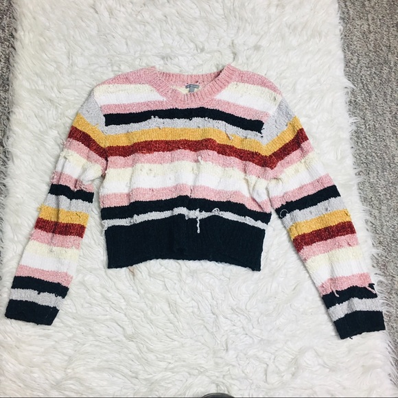 Charlotte Russe Distressed Cropped Sweater Striped Multicolor Size Large - Picture 2 of 13